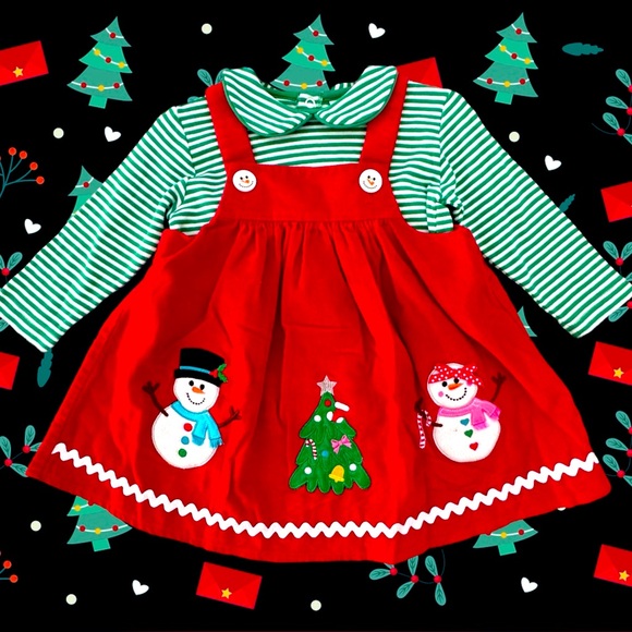Red Corduroy Appliquéd Christmas Jumper & Green/White Stripe Long Sleeve Top 18M - Picture 1 of 11